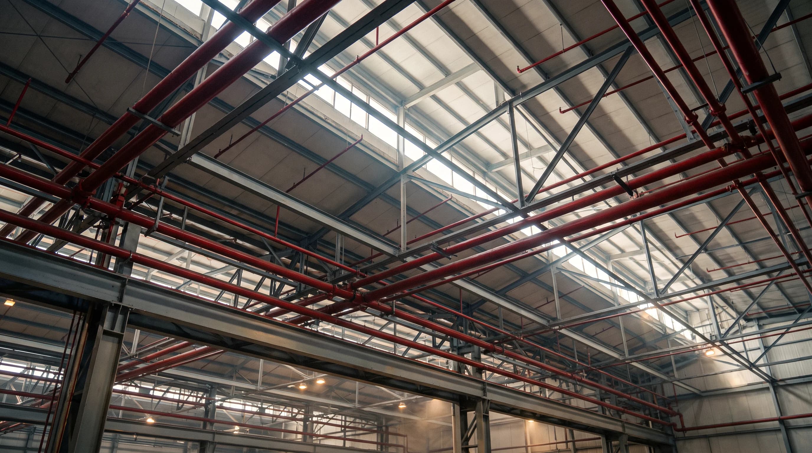 Red de tuberías y aspersores de supresión instalada en planta industrial de manufactura