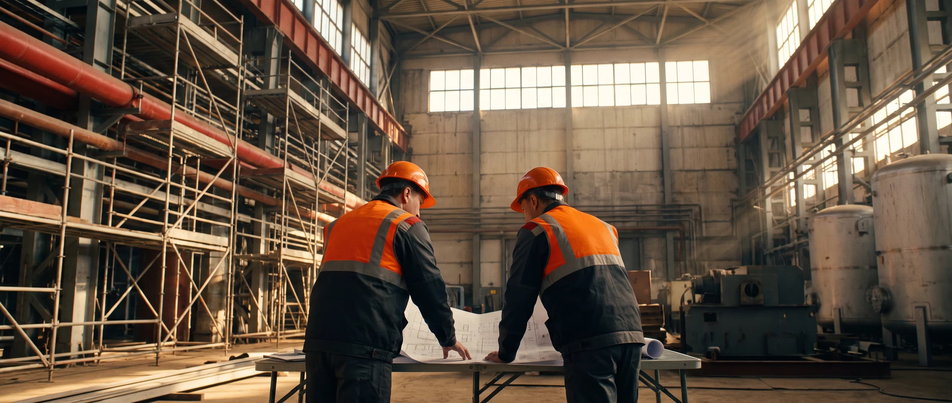Ingenieros revisando documentación técnica de sistemas contra incendio en obra industrial